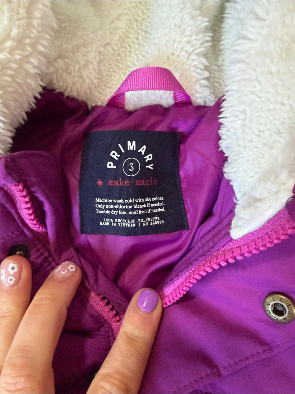 Primary Girls Hooded Puffer Coat in Bright Purple - Picture 2 of 3